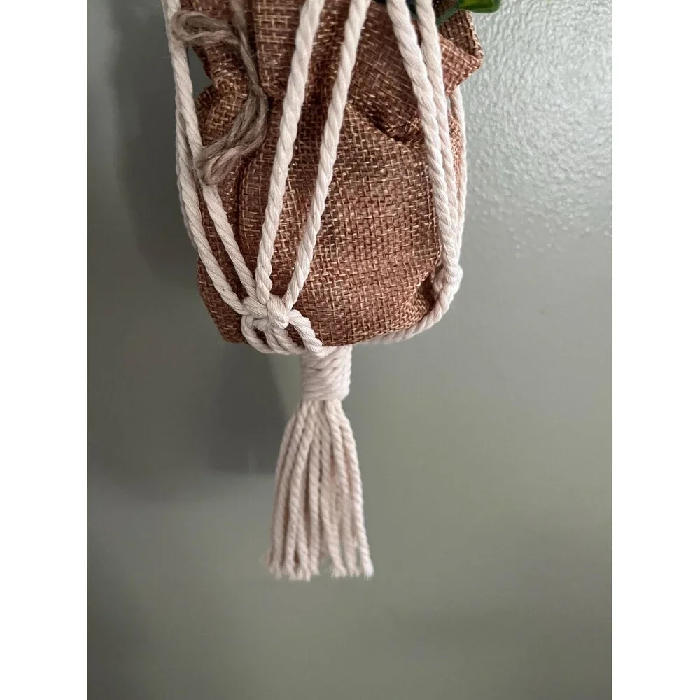 Handmade Macrame Plant Hanger with Artificial Baby’s Breath in Burlap Bag 16”